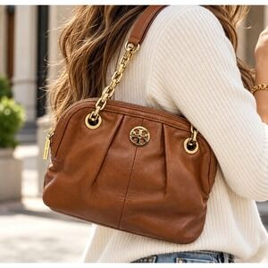 Tory Burch Brown Leather Pleated Chain Shoulder Bag Gold Logo Handbag